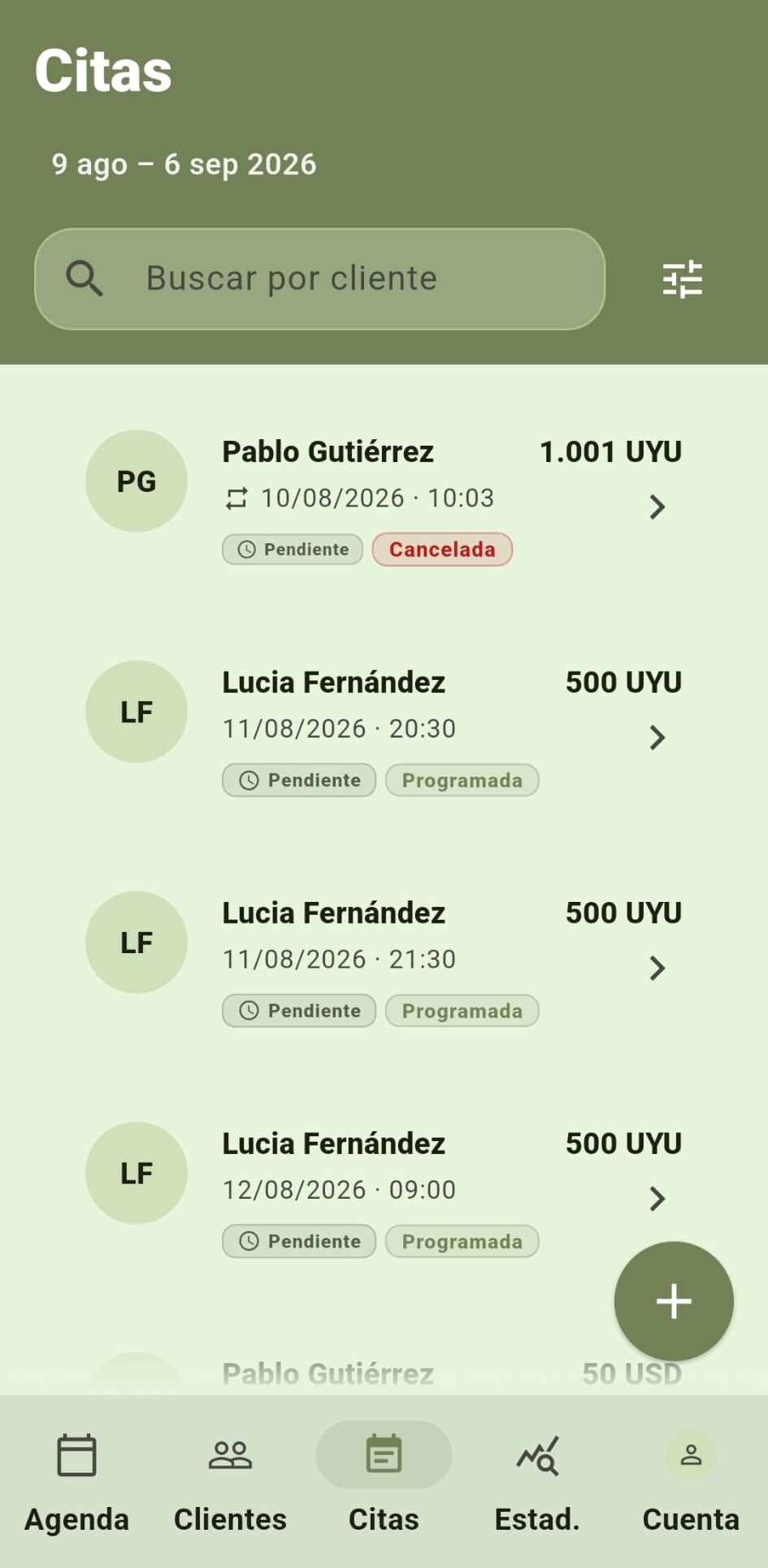 Detalle de una cita en Hito, con cliente, horario y estado