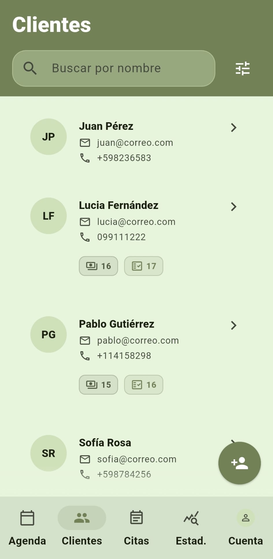 Lista de clientes en Hito, con búsqueda y fichas